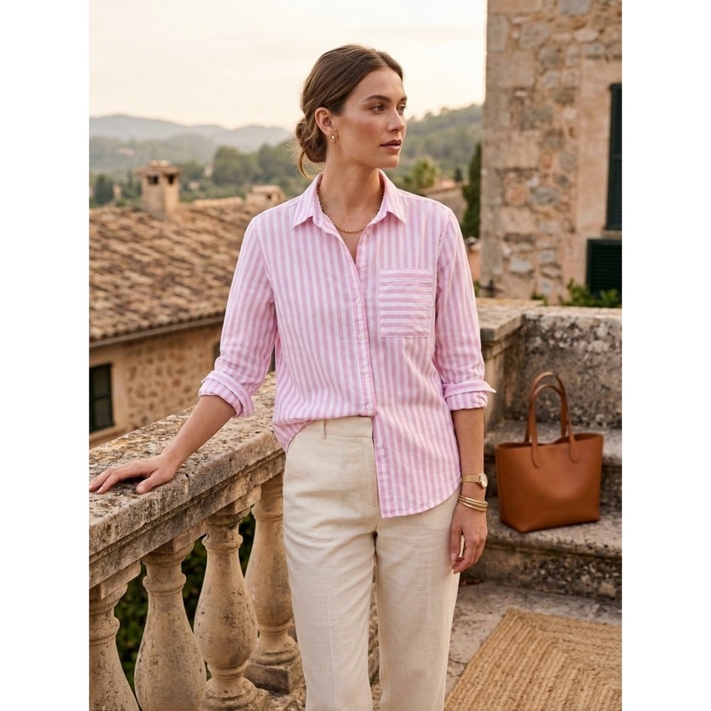 LOLA RIVER Pink White Stripe Button Down Shirt S Preppy Clean Girl Elevated